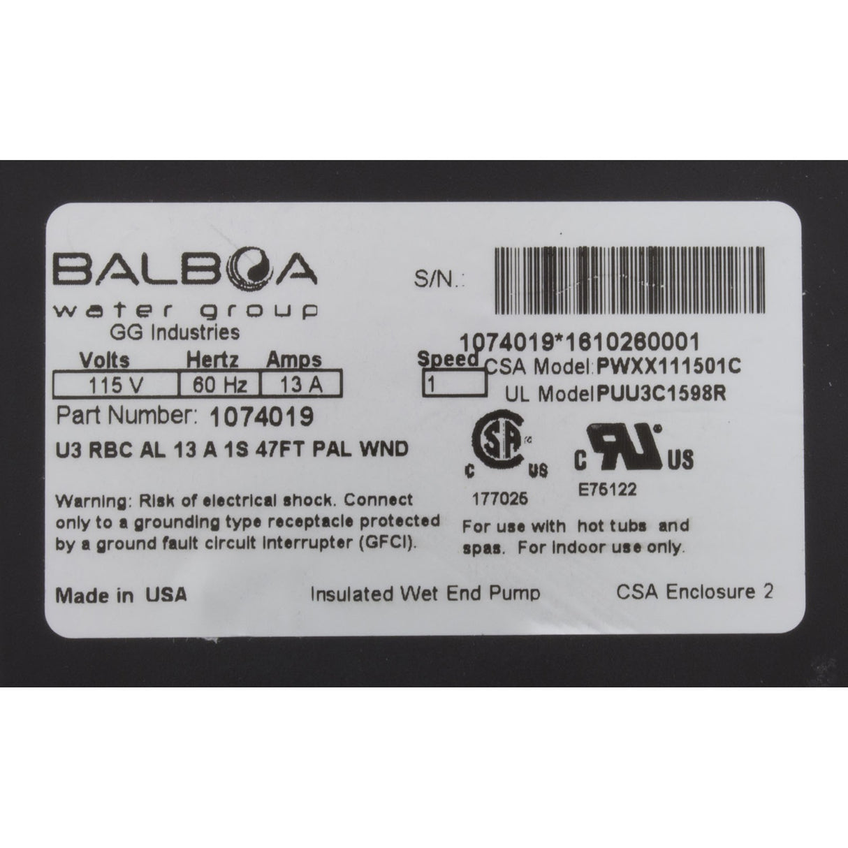Pump, Bath, BWG Power WOW, 1.5hp, 115v, 1 - Spd, 13A, Nema Cord : 1074019 - Balboa Water Group -  - All Pool Parts
