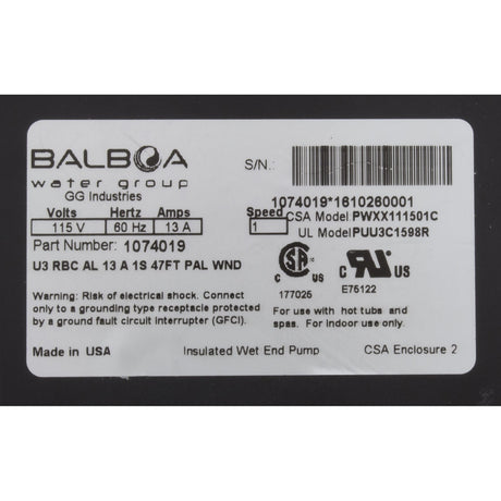 Pump, Bath, BWG Power WOW, 1.5hp, 115v, 1 - Spd, 13A, Nema Cord : 1074019 - Balboa Water Group -  - All Pool Parts