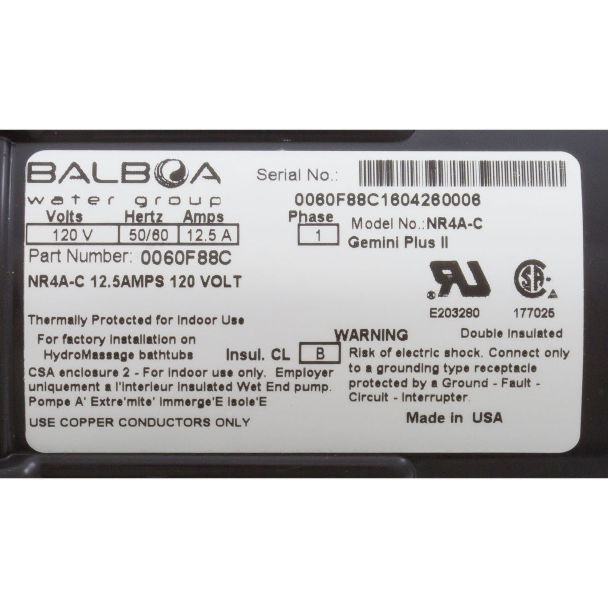 Pump, Bath, BWG Gemini Plus II, 1.5hp, 115v, 1 - 1/2", w/AS, OEM : 0060F88C - HydroAir/Balboa -  - All Pool Parts