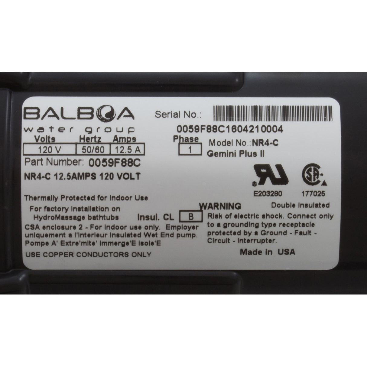Pump, Bath, BWG Gemini Plus II VS, 1.5hp, 115v, 1 - 1/2", OEM : 0059F88C - HydroAir/Balboa -  - All Pool Parts