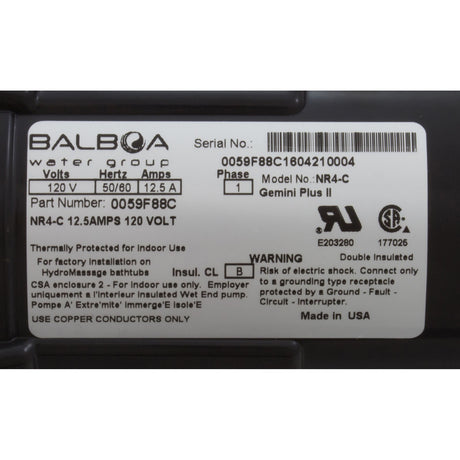Pump, Bath, BWG Gemini Plus II VS, 1.5hp, 115v, 1 - 1/2", OEM : 0059F88C - HydroAir/Balboa -  - All Pool Parts