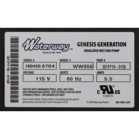 Pump, Bath, WW Genesis, 5.5A, 115v, 1 - 1/2", w/Rubber Pads, OEM, AS : 321FF10 - 0150 - Waterway Plastics - 806105400413 - All Pool Parts