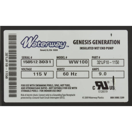 Pump, Bath, Waterway Genesis, 9.0A, 115v, 1 - 1/2", OEM, AS : 321JF10 - 0150 - Waterway Plastics - 806105400475 - All Pool Parts