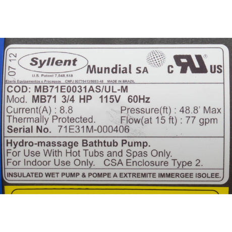 Pump, Syllent, 0.75 Horsepower, 115v, 100% Drain, JJ cord, OEM : MB71E0031AS/ULM - Mundial -  - All Pool Parts