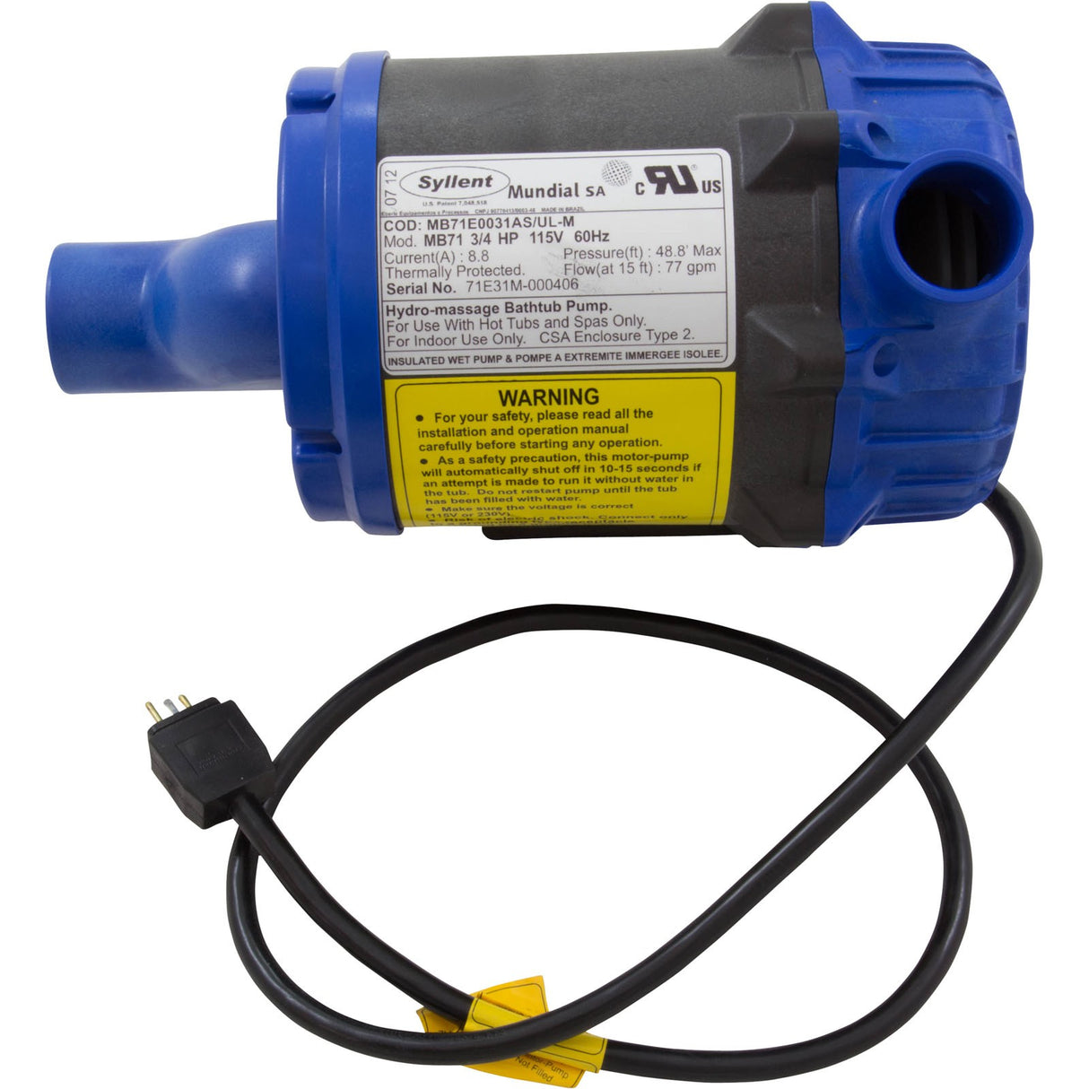 Pump, Syllent, 0.75 Horsepower, 115v, 100% Drain, JJ cord, OEM : MB71E0031AS/ULM - Mundial -  - All Pool Parts