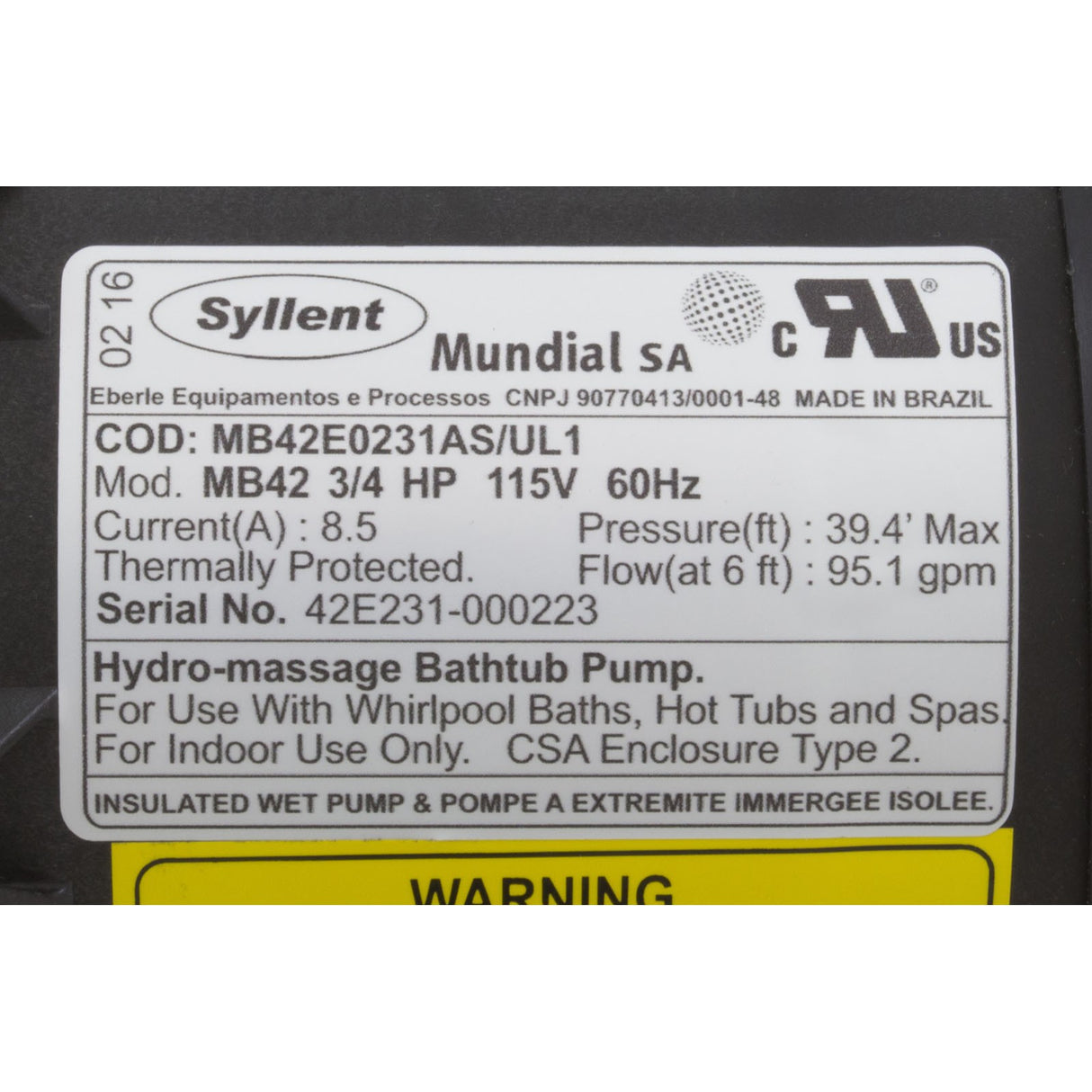 Pump, Syllent, 0.75 Horsepower, 115v, Nema Plug : MB42E0231AS/UL1 - Mundial -  - All Pool Parts