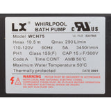 Pump, Bath, LX WCH, 5.0A, 115v, 1.5", w/Air Switch : WCH75 - Lingxiao (LX) Pump -  - All Pool Parts