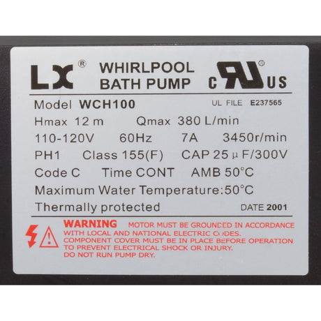 Pump, Bath, LX WCH, 7.0A, 115v, 1.5", w/Air Switch : WCH100 - Lingxiao (LX) Pump -  - All Pool Parts