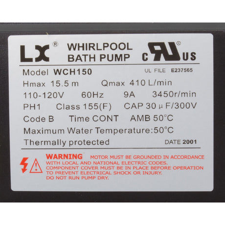 Pump, Bath, LX WCH, 9.0A, 115v, 1.5", w/Air Switch : WCH150 - Lingxiao (LX) Pump -  - All Pool Parts