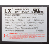 Pump, Bath, LX WBH, 13.0A, 115v, 1.5", w/Air Switch : WBH200 - Lingxiao (LX) Pump -  - All Pool Parts