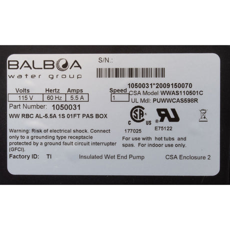 Pump, Bath, BWG Vico WOW, 0.5hp, 5.5A, 115V, w/Air Switch&Cord, OEM : 1050031 - Vico/Balboa -  - All Pool Parts