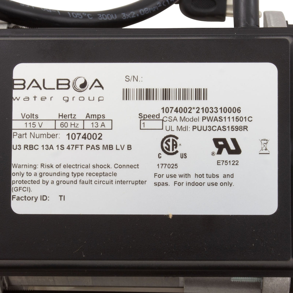 Pump, Bath, BWG Vico WOW, 1.5hp, 115v, w/Air Switch & Cord, OEM : 1074002 - Vico/Balboa -  - All Pool Parts