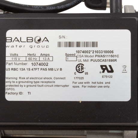 Pump, Bath, BWG Vico WOW, 1.5hp, 115v, w/Air Switch & Cord, OEM : 1074002 - Vico/Balboa -  - All Pool Parts