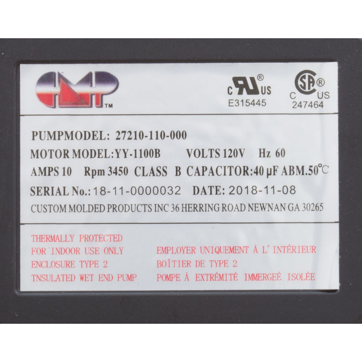 Pump, Bath, CMP Nexxus, 115v, 1 - 1/2"mbt, 10.0A, Nema Cord, OEM, AS : 27210 - 110 - 000 - Custom Molded Products -  - All Pool Parts