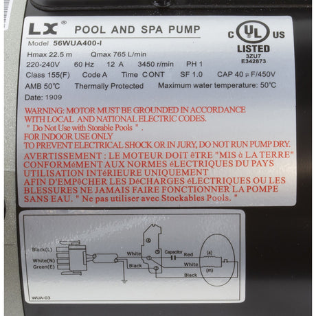 Pump, LX 56WUA, 4.0hp, 230v, 1 - Spd, 56Fr, 2", SD, Bracketless : 56WUA400 - I(NF) - Lingxiao (LX) Pump -  - All Pool Parts