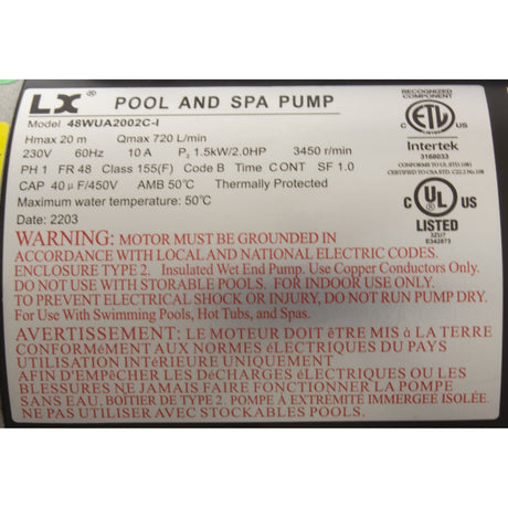 Pump, LX 48WUA, 2.0hp, 230v, 1 - Spd, 48Fr, 2", SD, Bracketless : 48WUA2002C - I(NF) - Lingxiao (LX) Pump -  - All Pool Parts
