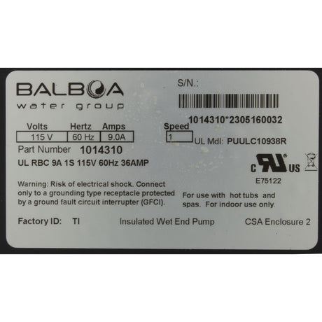 Pump, Vico/Balboa Ultima, 1.0hp, 115v, 1 - Spd, 9.0A, 1 - 1/2" CD : 1014310 - Balboa Water Group -  - All Pool Parts