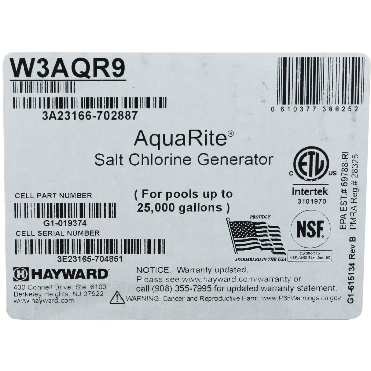 Salt Chlorine Generator, Hayward AquaRite, 25K, w/ TCell : W3AQR9 - Hayward - 610377388252 - All Pool Parts