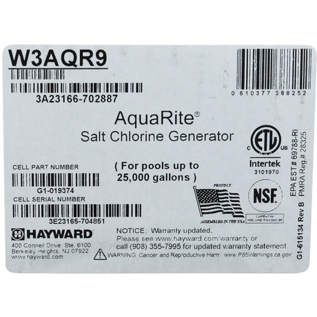 Salt Chlorine Generator, Hayward AquaRite, 25K, w/ TCell : W3AQR9 - Hayward - 610377388252 - All Pool Parts