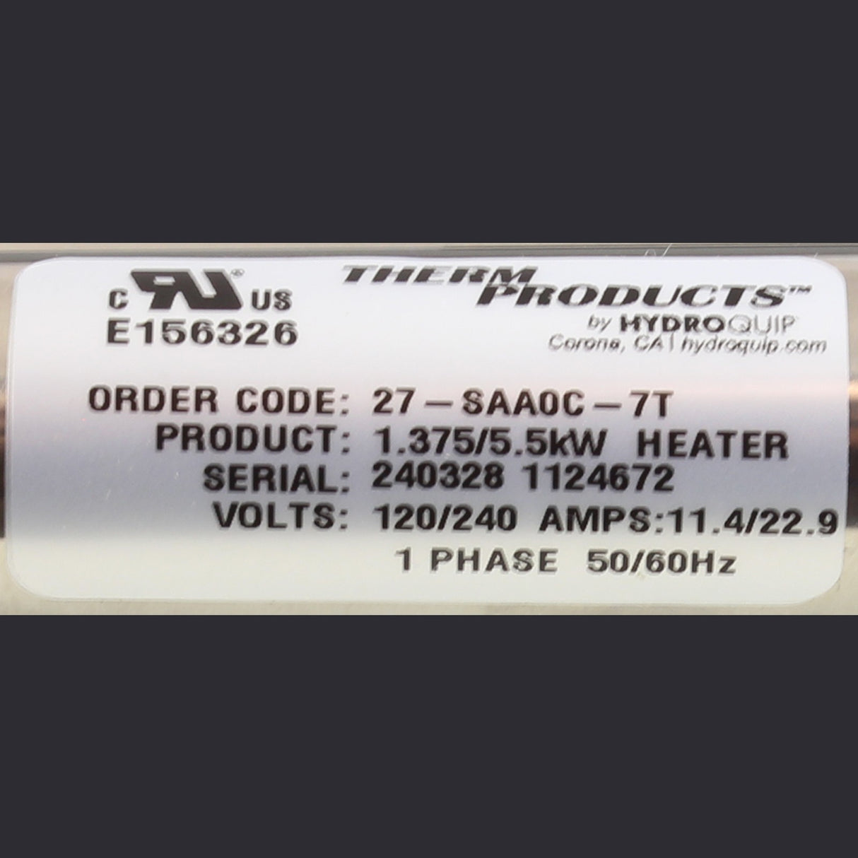 Heater Assy, LowFlow, 5.5kw, HydroQuip Slipstream, 230V : 27-SAA0C-7T-K