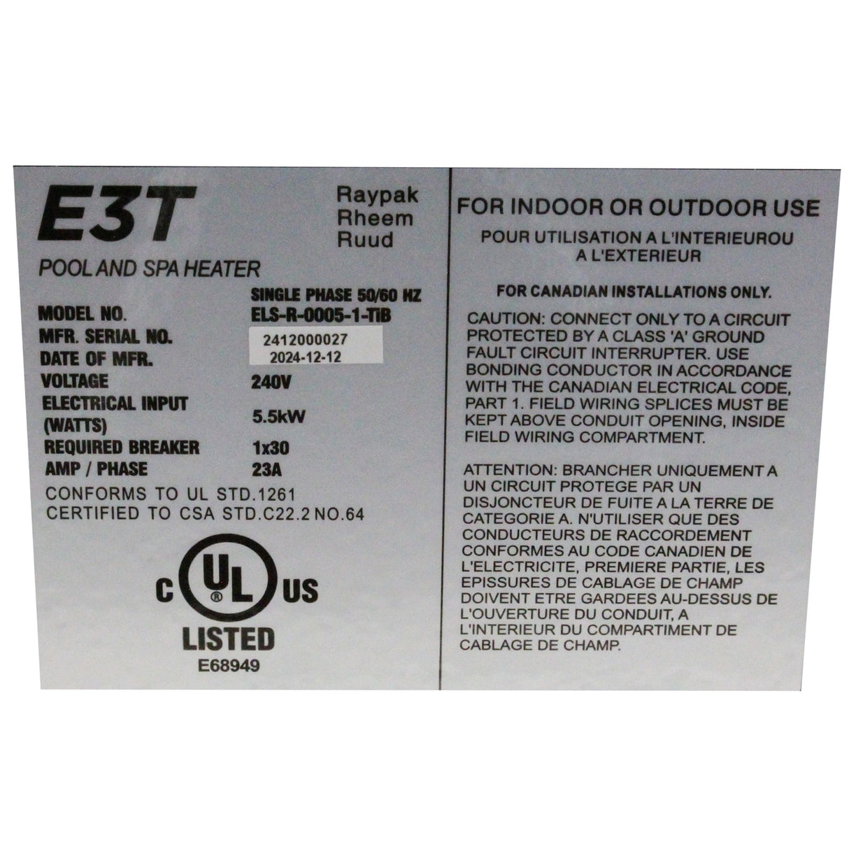 Digital Electric Heater, Raypak E3T, 1.5" mpt, 230v, 5.5kW : 100-10000662