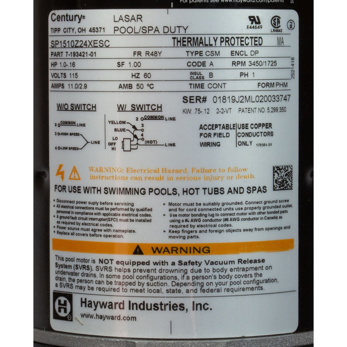 1 Hp Pf Mtx 2 Spd W/Sw : SP15922S