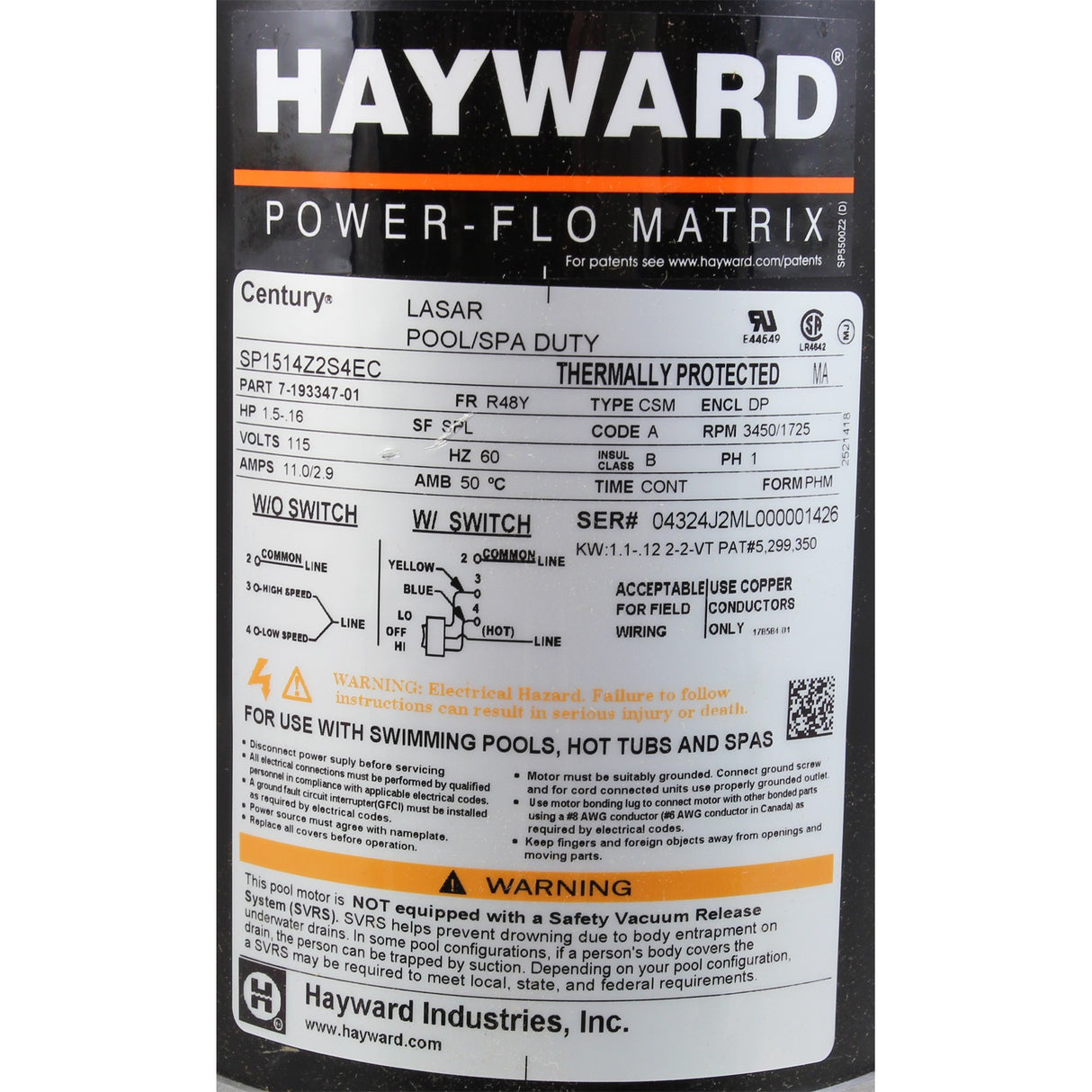 Pump, Hayward PowerFlo, 1.5hp, 2-Spd, 115V, 3' Cord : W3SP15932S