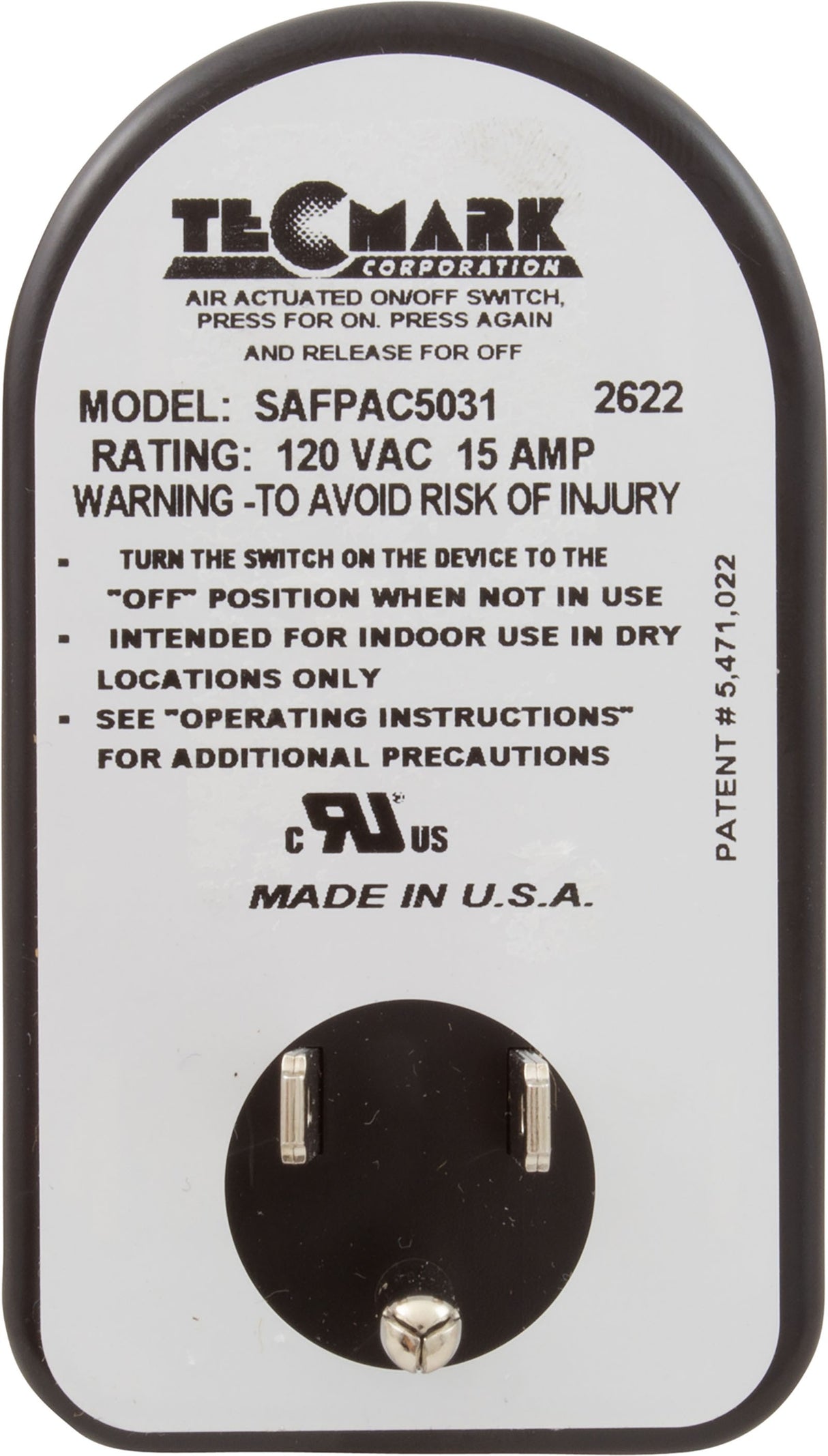 On/Off Switch, Tecmark, 15A, 115v, Wall Mount : SAFPAC5031