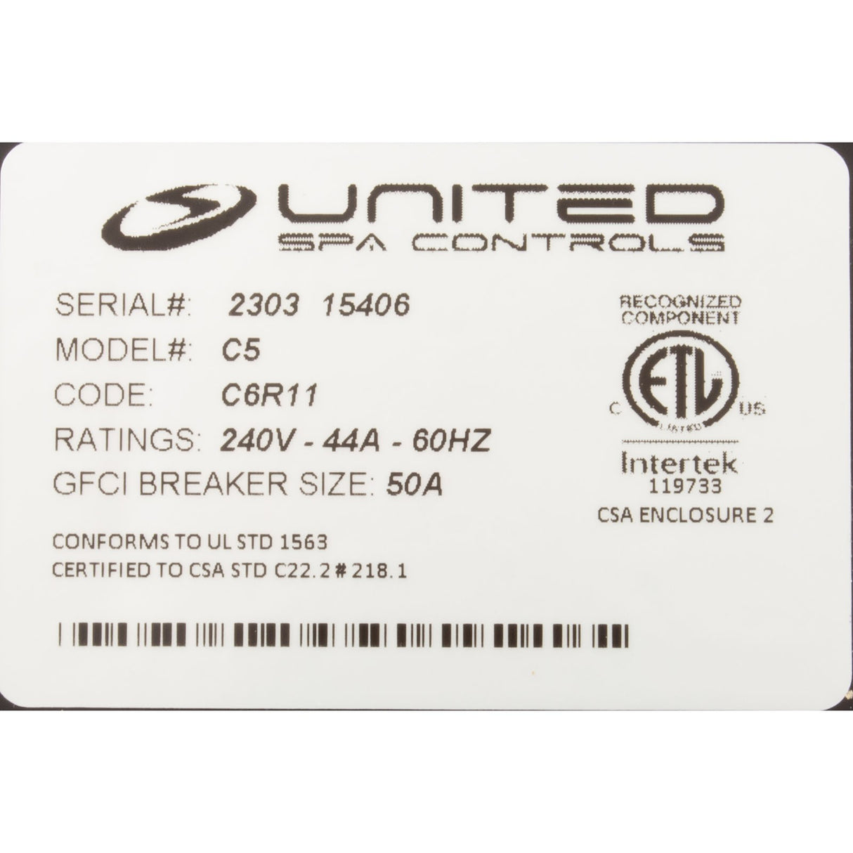 Control, United Spa C5-L, 4kw, P1, P2, Aux, CP, 115/230v, T7S, B11 : CL117S