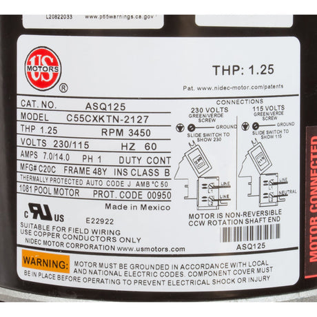 Motor, Nidec/US Motor, 0.75hp, 115/230v, 1 - Spd, 48Yfr, SQFL : ASQ125 - Nidec Motor Corp/US Motors -  - All Pool Parts