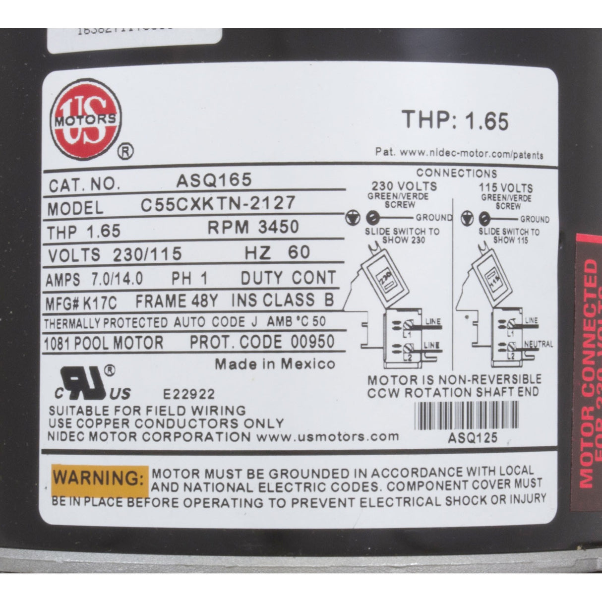 Motor, Nidec/US Motor, 1.0hp, 115/230v, 48Yfr, SQFL : ASQ165 - Nidec Motor Corp/US Motors -  - All Pool Parts