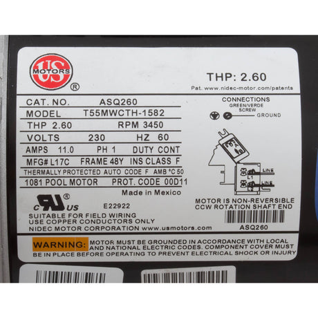 Motor, Nidec/US Motor, 2.0hp, 230v, 1 - Spd, 48Yfr, SQFL : ASQ260 - Nidec Motor Corp/US Motors -  - All Pool Parts