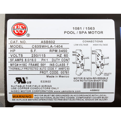 Motor, Nidec/US Motor, 1.5hp, 115v/230v, 1 - Spd, 56Y Frame : ASB602 - Nidec Motor Corp/US Motors -  - All Pool Parts