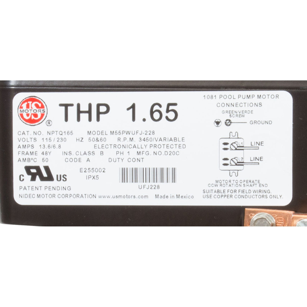 Motor, US Motor Neptune, 1.65thp, SQFL, Var - Spd, 115/230v, 48Y : NPTQ165 - Nidec Motor Corp/US Motors -  - All Pool Parts