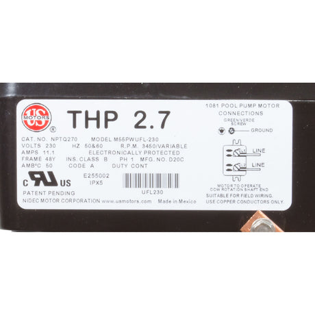 Motor, US Motor Neptune, 2.7thp, SQFL, Var - Spd, 230v, 48Y : NPTQ270 - Nidec Motor Corp/US Motors -  - All Pool Parts