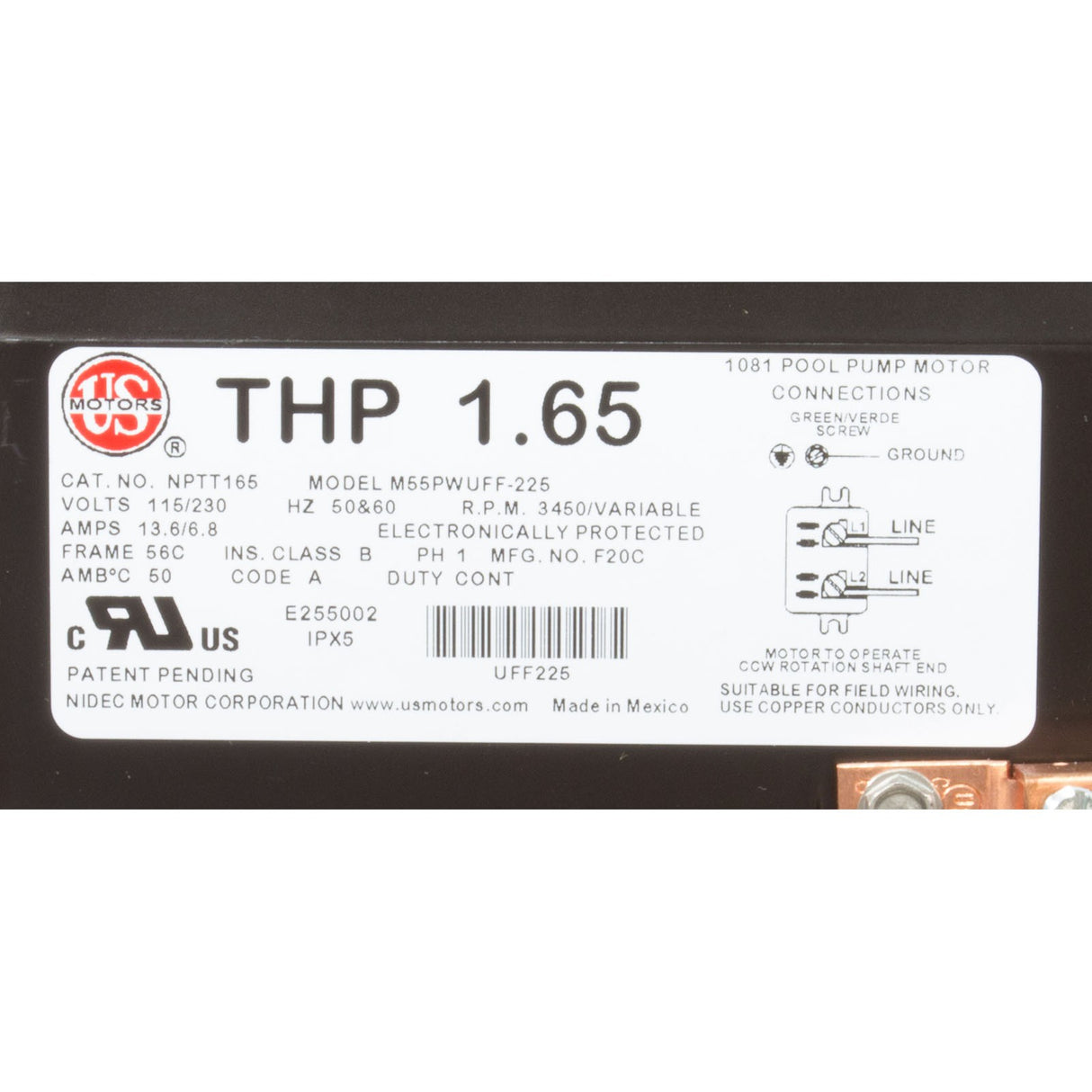 Motor, US Motor Neptune, 1.25thp, C - Face, Var - Spd, 115/230v, 48Y : NPTT125 - Nidec Motor Corp/US Motors - 786382134587 - All Pool Parts