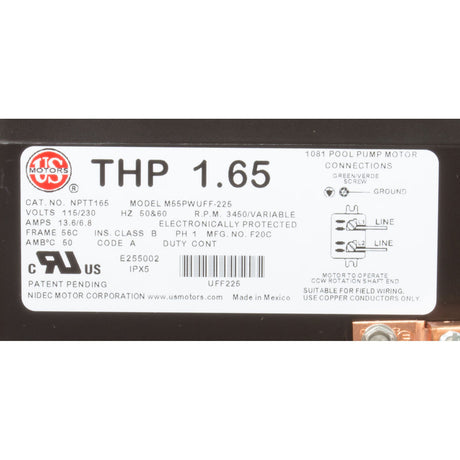 Motor, US Motor Neptune, 1.25thp, C - Face, Var - Spd, 115/230v, 48Y : NPTT125 - Nidec Motor Corp/US Motors - 786382134587 - All Pool Parts