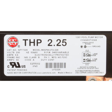 Motor, US Motor Neptune, 2.25thp, C - Face, Var - Spd, 230v, 48Y : NPTT225 - Nidec Motor Corp/US Motors -  - All Pool Parts