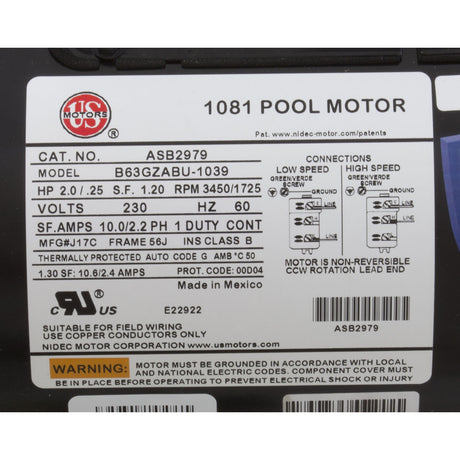 Motor, Nidec/US Mtr, 2.0hp, 230v, 2 - Spd, 56Jfr, C - Face, Thd, Full : ASB2979 - Nidec Motor Corp/US Motors - 786382111533 - All Pool Parts