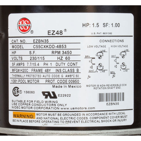 Motor, Nidec/US Motor, 1.5hp, 115v/230v, 1 - Spd, 48Y Frame : EZBN35 - Nidec Motor Corp/US Motors -  - All Pool Parts