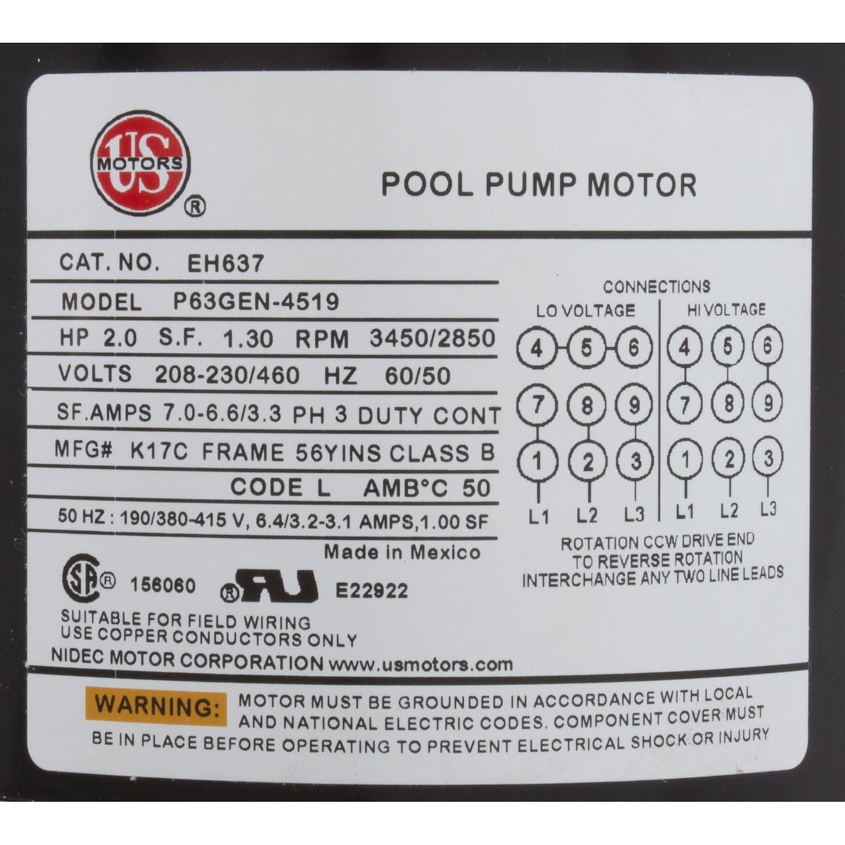 Motor, Nidec/USMtr, 2.0hp, 208 - 230/460v, 1 - Spd, 56Yfr, SQFL, Full : EH637 - Nidec Motor Corp/US Motors -  - All Pool Parts