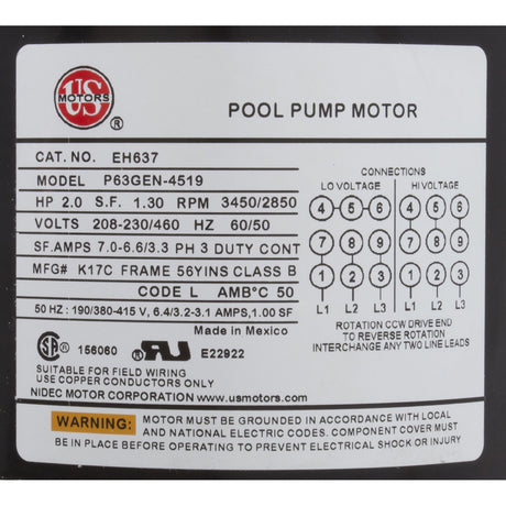 Motor, Nidec/USMtr, 2.0hp, 208 - 230/460v, 1 - Spd, 56Yfr, SQFL, Full : EH637 - Nidec Motor Corp/US Motors -  - All Pool Parts