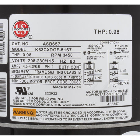 Motor, Nidec/USMtr, 0.5hp, 115/230v, 1Spd, 56Jfr, CFace, Thd, Full : ASB657 - Nidec Motor Corp/US Motors - 788379862527 - All Pool Parts