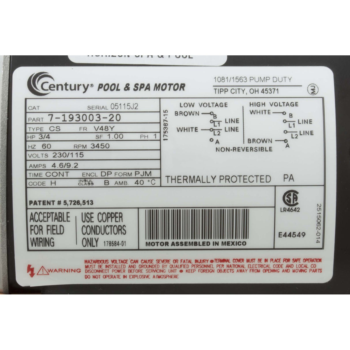 Motor, Century, 0.75thp, 115v/230v, 1 - Spd, 48fr : 0819300300 - AO Smith/Century/Regal Beloit -  - All Pool Parts