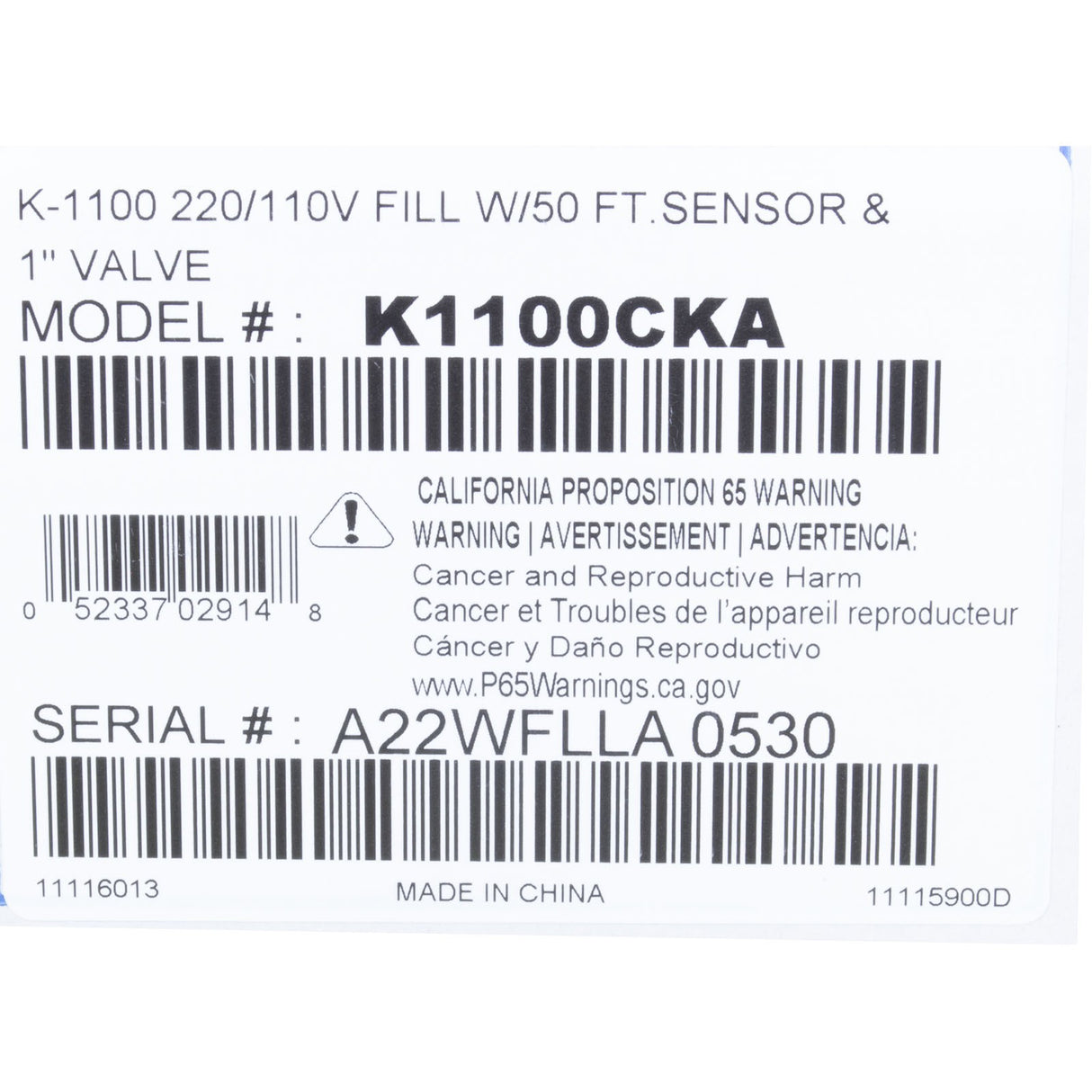 Auto Fill, Jandy Levolor K1100, Fill Only, 1", Dual Style, 50ft : K1100CKA - Zodiac - 052337029148 - All Pool Parts