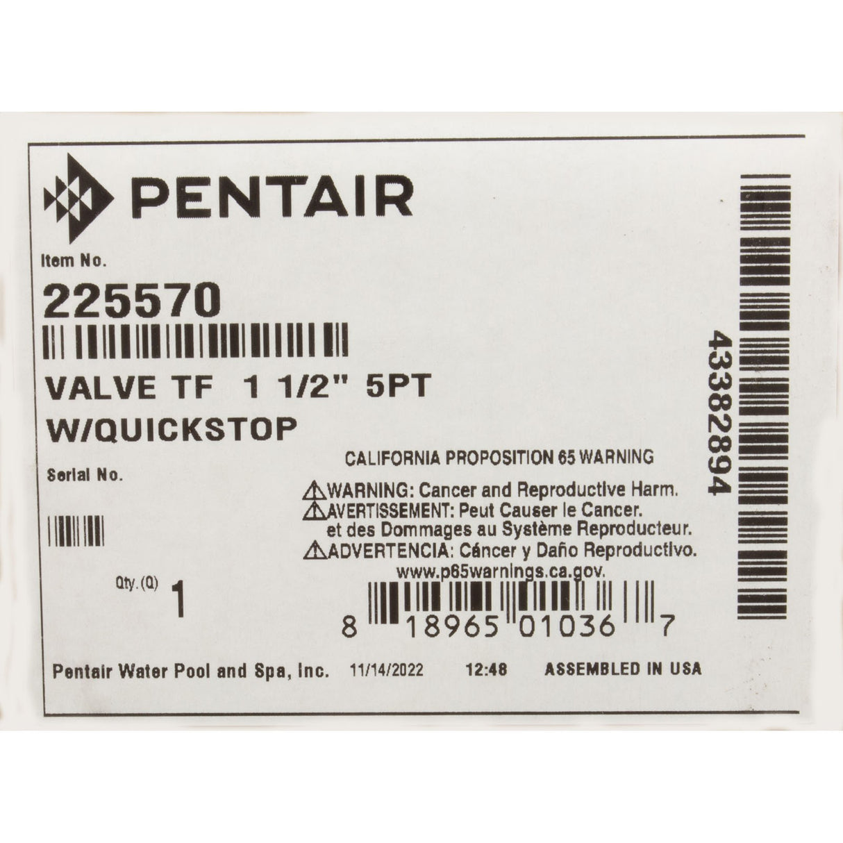 T - Valve Complete, A&A Manufacturing, 5 Port, 1 - 1/2" : 225570 - A&A Manufacturing -  - All Pool Parts