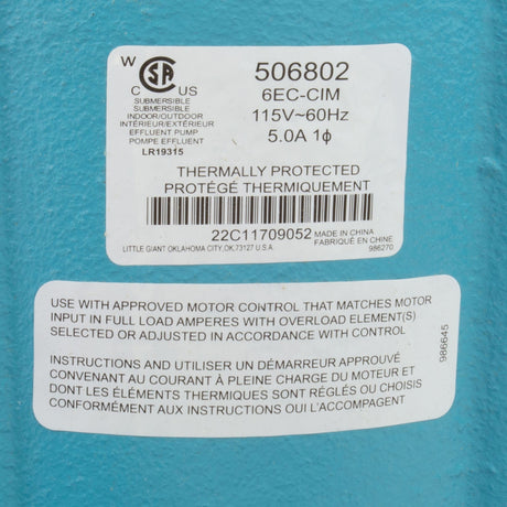 Pump, Sump, Little Giant 6EC - CIM, 115v, Plastic Base, 20ft Cord : 506802 - Little Giant / Franklin - 10121148994 - All Pool Parts